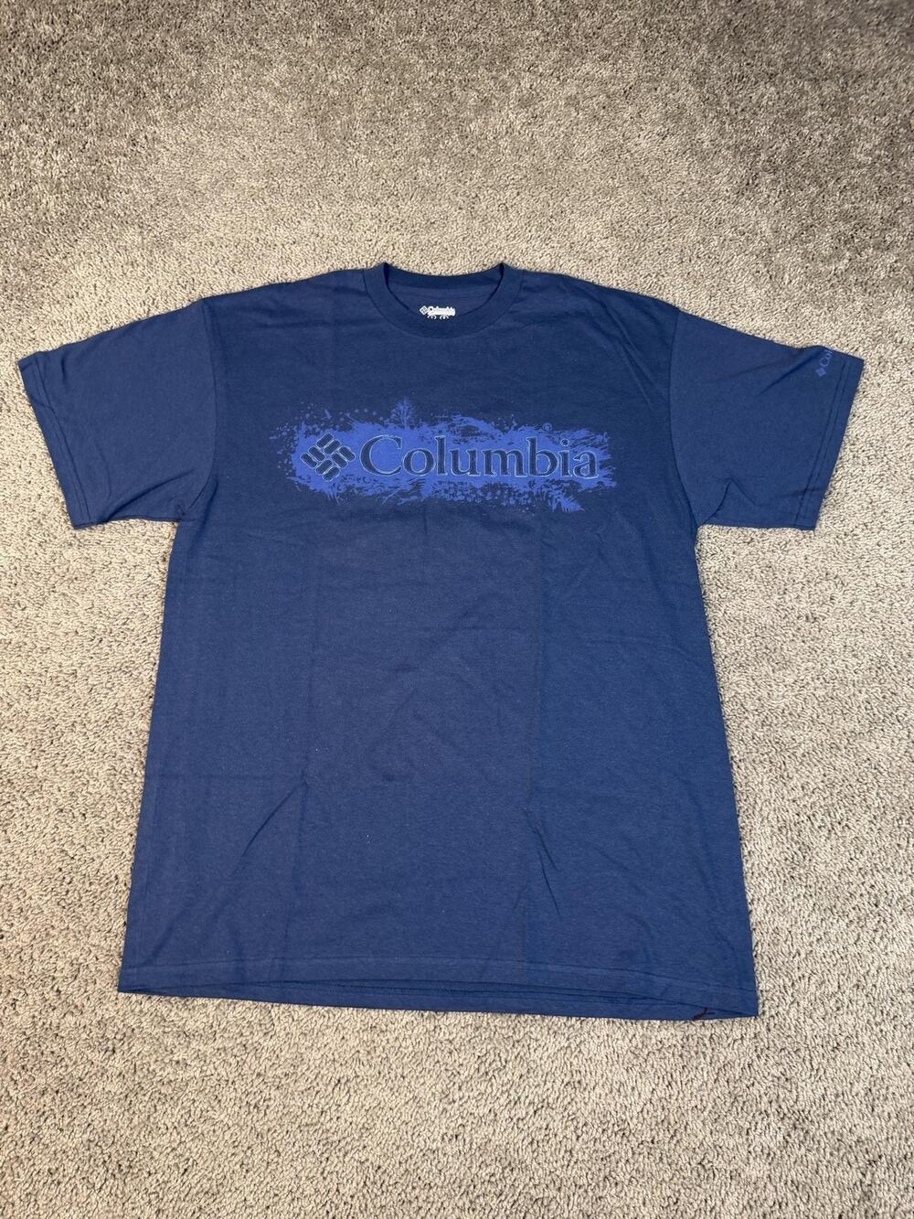 Columbia Shirt Mens L Blue Graphic Crew Neck Tagless Cotton Jersey Front Logo